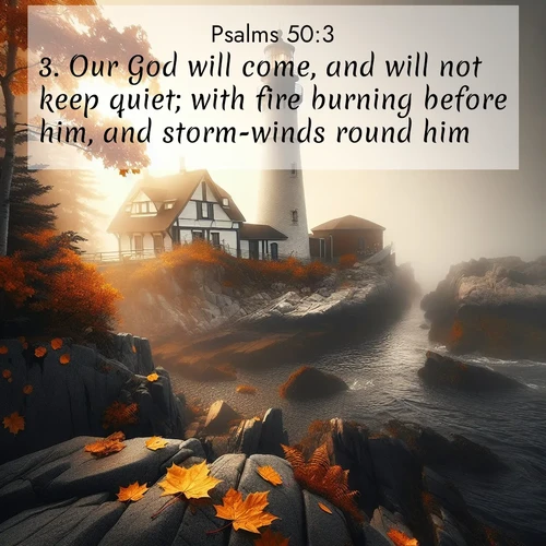 BasicEnglish Psalms  ; image nature: image with the bible verse :Our God will come, and will not keep quiet; with fire burning before him, and storm-winds round him. ; Admire our autumnal collection of Bible verse images accompanied by photos of paths lined with red and yellow leaves, fiery forests, and calm rivers. These images inspire reflection and serenity. Share verses like KJV Psalms 50:3. Current verse is overlayed with the thematic nature scene : Autumn fog shrouds a lighthouse on rocky shores. ; 50:3