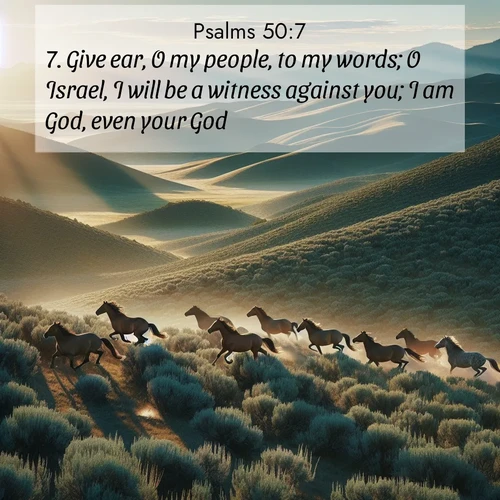 BasicEnglish Psalms  ; image nature: image with the bible verse :Give ear, O my people, to my words; O Israel, I will be a witness against you; I am God, even your God. ; Admire Bible verse images illustrated by summer photos, such as sunny beaches, sparkling waves, and swaying palm trees. These bright scenes highlight the joy and warmth of God&#039;s creation. Download and share verses like KJV Psalms 50:7. Current verse is overlayed with the thematic nature scene : Wild mustangs gallop across sage-covered hills in the morning light. ; 50:7