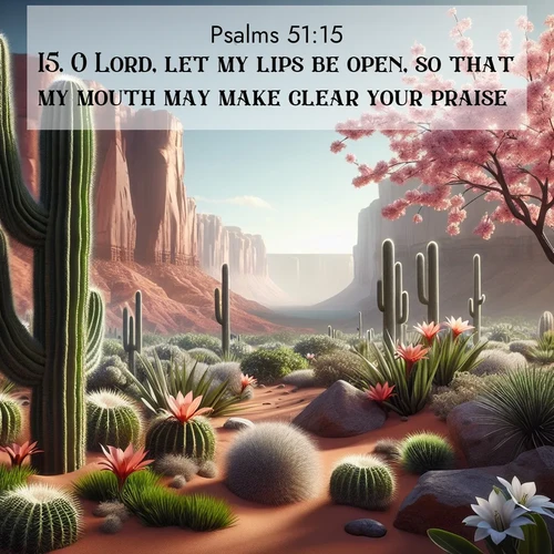 BasicEnglish Psalms  ; image nature: image with the bible verse :O Lord, let my lips be open, so that my mouth may make clear your praise. ; Browse beautiful Bible verse images accompanied by peaceful scenes like calm seas, ancient forests, and radiant horizons. Download high-quality, free images featuring verses such as KJV Psalms 51:15. Current verse is overlayed with the thematic nature scene : Desert cacti burst with spring blooms against red sandstone formations. ; 51:15
