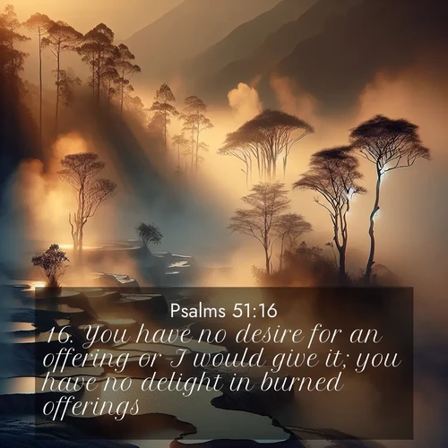 BasicEnglish Psalms  ; image nature: image with the bible verse :You have no desire for an offering or I would give it; you have no delight in burned offerings. ; Explore an inspiring selection of Bible verse images adorned with nature photos, such as starry skies, verdant hills, and golden beaches. Each image reflects the peace and beauty of God&#039;s creation with vibrant colors and varied fonts. Share uplifting verses like KJV Psalms 51:16. Current verse is overlayed with the thematic nature scene : Morning mist rises from thermal pools. Steam dragons dance in golden light. ; 51:16