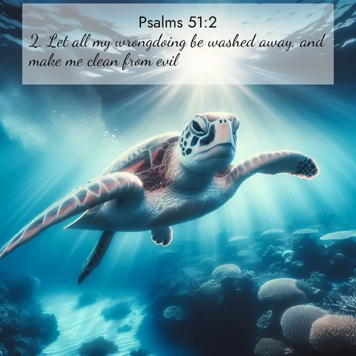 BasicEnglish Psalms  ; image nature: image with the bible verse :Let all my wrongdoing be washed away, and make me clean from evil. ; Browse a gallery of Bible verses paired with summer scenes, such as golden wheat fields, bright skies, and sunny beaches. These images convey the joy and warmth of God&#039;s creation. Download and share verses like KJV Psalms 51:2. Current verse is overlayed with the thematic nature scene : A sea turtle glides through underwater sunbeams. Coral gardens glow in the depths below. ; 51:2