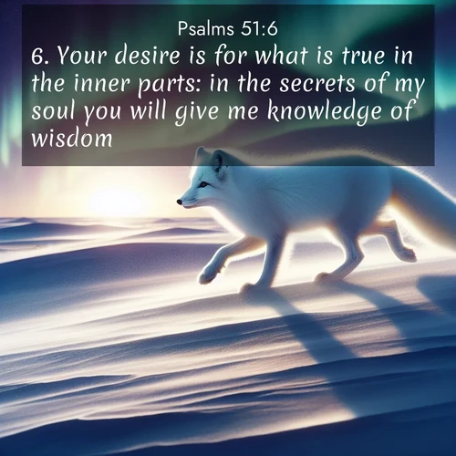 BasicEnglish Psalms  ; image nature: image with the bible verse :Your desire is for what is true in the inner parts: in the secrets of my soul you will give me knowledge of wisdom. ; Browse Bible images illustrated by desert landscapes, with endless skies, golden dunes, and isolated palm trees. These images evoke the calm and grandeur of God&#039;s creation. Download inspiring verses like KJV Psalms 51:6. Current verse is overlayed with the thematic nature scene : An arctic fox hunts across windswept tundra. Northern lights paint its white coat in pastels. ; 51:6