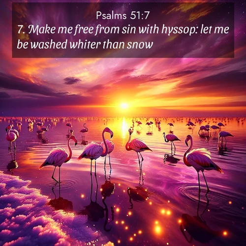BasicEnglish Psalms  ; image nature: image with the bible verse :Make me free from sin with hyssop: let me be washed whiter than snow. ; Admire Bible verse images capturing the beauty of beaches, with turquoise waters, palm trees, and peaceful shores. These soothing scenes reflect God&#039;s serenity and majesty. Download and share verses like KJV Psalms 51:7. Current verse is overlayed with the thematic nature scene : Wild flamingos wade through salt lake shallows. Sunset turns the water to liquid gold. ; 51:7