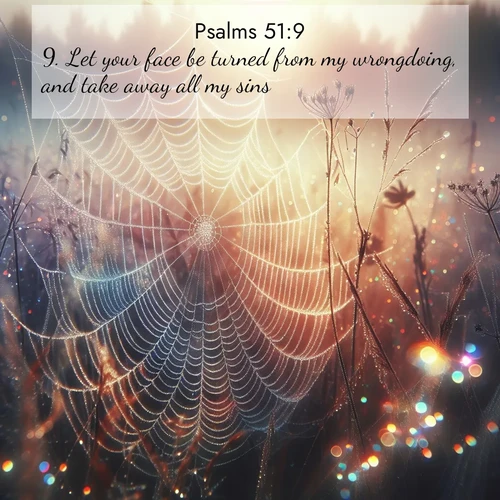 BasicEnglish Psalms  ; image nature: image with the bible verse :Let your face be turned from my wrongdoing, and take away all my sins. ; Explore a winter collection of Bible verse images adorned with photos of icy landscapes, frozen waterfalls, and snow-covered forests. These scenes capture divine tranquility and purity. Download inspiring verses like KJV Psalms 51:9. Current verse is overlayed with the thematic nature scene : Morning fog reveals spider web galaxies. Dew drops catch rainbow light. ; 51:9