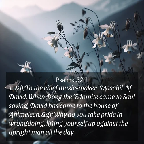 BasicEnglish Psalms  ; image nature: image with the bible verse :&amp;lt;To the chief music-maker. Maschil. Of David. When Doeg the Edomite came to Saul saying, David has come to the house of Ahimelech.&amp;gt; Why do you take pride in wrongdoing, lifting yourself up against the upright man all the day? ; Browse a large collection of Bible verse images with photos showcasing the splendor of nature. Scenes of peaceful rivers, verdant valleys, and radiant skies enhance the inspiring verses. Each image reflects the serenity and joy of God&#039;s creation, with elegant text fonts. Download and share verses such as KJV Psalms 52:1. Current verse is overlayed with the thematic nature scene : Wild columbines dance in breeze. Mountain air carries their perfume. ; 52:1