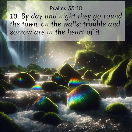 BasicEnglish Psalms  ; image nature: image with the bible verse :By day and night they go round the town, on the walls; trouble and sorrow are in the heart of it. ; Discover inspiring Bible verse images featuring natural wonders like lush forests, sunny horizons, and cascading waterfalls. Perfect for wallpapers or spiritual encouragement. Download verses like KJV Psalms 55:10. Current verse is overlayed with the thematic nature scene : Rainbow prisms dance in a waterfall&#039;s spray. Moss glows emerald in filtered light. ; 55:10