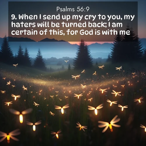 BasicEnglish Psalms  ; image nature: image with the bible verse :When I send up my cry to you, my haters will be turned back; I am certain of this, for God is with me. ; Explore an exceptional collection of Bible verse images accompanied by photos of nature, showcasing snowy mountains, serene forests, and still lakes. These images feature luminous tones and varied fonts to bring serenity and inspiration. Share uplifting verses like KJV Psalms 56:9. Current verse is overlayed with the thematic nature scene : Lightning bugs rise from summer meadows at dusk. Their lights dance like earthbound stars. ; 56:9