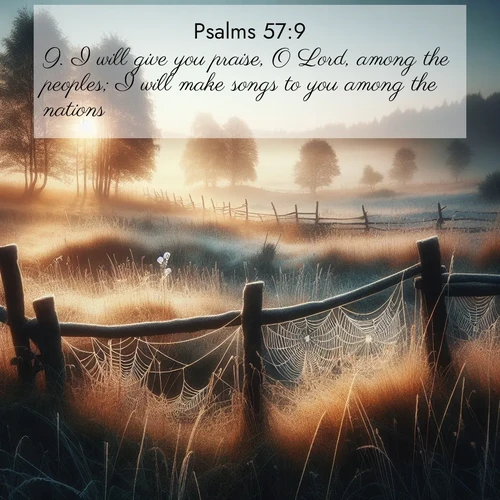 BasicEnglish Psalms  ; image nature: image with the bible verse :I will give you praise, O Lord, among the peoples; I will make songs to you among the nations. ; Admire stunning Bible verse images paired with photos of peaceful landscapes, such as foggy mornings, serene rivers, and blooming gardens. Download these free images and share verses like KJV Psalms 57:9. Current verse is overlayed with the thematic nature scene : Morning frost coats spider webs stretched between fence posts in a country meadow. ; 57:9