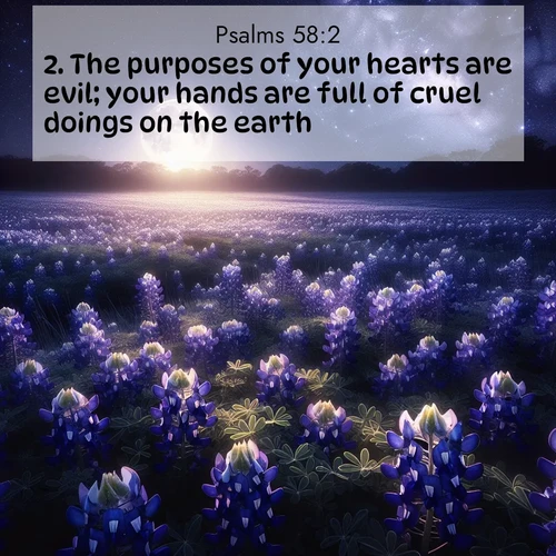 BasicEnglish Psalms  ; image nature: image with the bible verse :The purposes of your hearts are evil; your hands are full of cruel doings on the earth. ; Download stunning Bible verse images paired with nature scenes like rolling clouds, sparkling waters, and vibrant flower fields. These free images are perfect for spiritual reflection or wallpaper use. Share KJV Psalms 58:2. Current verse is overlayed with the thematic nature scene : Moonlight illuminates a field of bluebonnets. A warm breeze carries their sweet fragrance across the prairie. ; 58:2