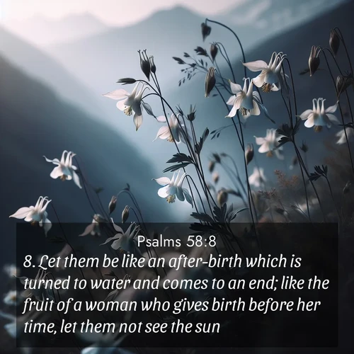 BasicEnglish Psalms  ; image nature: image with the bible verse :Let them be like an after-birth which is turned to water and comes to an end; like the fruit of a woman who gives birth before her time, let them not see the sun. ; Browse Bible images illustrated by desert landscapes, with endless skies, golden dunes, and isolated palm trees. These images evoke the calm and grandeur of God&#039;s creation. Download inspiring verses like KJV Psalms 58:8. Current verse is overlayed with the thematic nature scene : Wild columbines dance in breeze. Mountain air carries their perfume. ; 58:8