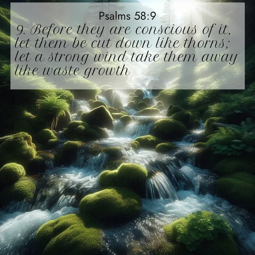 BasicEnglish Psalms  ; image nature: image with the bible verse :Before they are conscious of it, let them be cut down like thorns; let a strong wind take them away like waste growth. ; Dive into our collection of Bible verses paired with coastal scenes, featuring calming waves, infinite beaches, and reflections of the sun on the water. These images evoke the peace and beauty of God. Share verses like KJV Psalms 58:9. Current verse is overlayed with the thematic nature scene : Mountain streams tumble through moss. Sunlight creates crystal prisms. ; 58:9