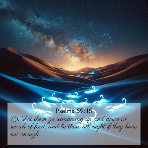 BBE Psalms 59:15 overlaying nature image scene: Desert scorpions glow under black light. Stars wheel in infinite darkness.;15. Let them go wandering up and down in search of food, and be there all night if they have not enough.