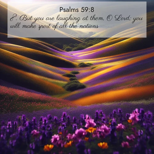 BBE Psalms 59:8 overlaying nature image scene: Spring wildflowers carpet rolling hills in purple and gold.;8. But you are laughing at them, O Lord; you will make sport of all the nations.