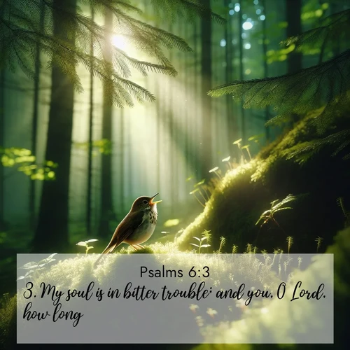 BasicEnglish Psalms  ; image nature: image with the bible verse :My soul is in bitter trouble; and you, O Lord, how long? ; Admire our free collection of Bible verse images with beautiful landscapes like sunlit forests, rippling waters, and radiant dawns. Each verse, such as KJV Psalms 6:3, is ready to download and share. Current verse is overlayed with the thematic nature scene : A hermit thrush sings from deep woods. Sunlight filters through green canopy. ; 6:3