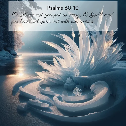 BasicEnglish Psalms  ; image nature: image with the bible verse :Have not you put us away, O God? and you have not gone out with our armies. ; Explore Bible verses combined with serene beach photos, desert dunes, and infinite skies, highlighting God&#039;s majesty in every landscape. Download and share inspiring verses like KJV Psalms 60:10. Current verse is overlayed with the thematic nature scene : Winter ice forms abstract sculptures along a lake shore. ; 60:10