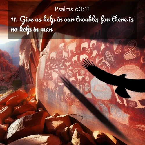BasicEnglish Psalms  ; image nature: image with the bible verse :Give us help in our trouble; for there is no help in man. ; Dive into a gallery of Bible verses illustrated by tropical beach scenes, featuring sparkling waves, seashells, and radiant sunrises. These images evoke divine peace and joy. Download and share inspiring verses like KJV Psalms 60:11. Current verse is overlayed with the thematic nature scene : Ancient petroglyphs weather on red canyon walls. A circling hawk&#039;s shadow passes over the timeless art. ; 60:11