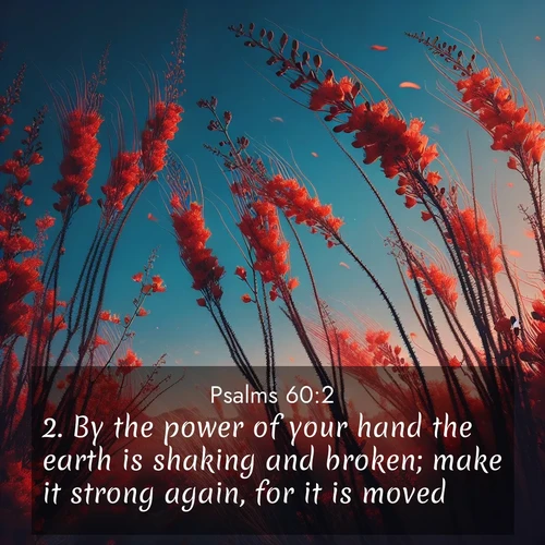 BasicEnglish Psalms  ; image nature: image with the bible verse :By the power of your hand the earth is shaking and broken; make it strong again, for it is moved. ; Explore Bible verse images beautifully illustrated with spring scenes, such as blooming meadows, trees in full bloom, and tranquil streams. These landscapes convey divine hope and vitality. Download and share verses like KJV Psalms 60:2. Current verse is overlayed with the thematic nature scene : Desert ocotillo flames against blue sky. Wind sings through its scarlet blooms. ; 60:2