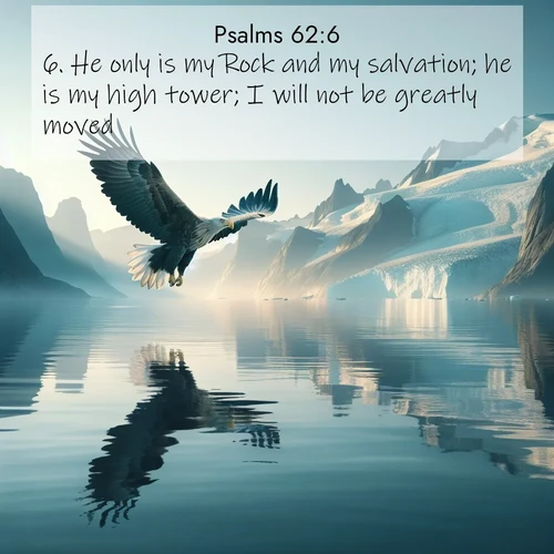 BasicEnglish Psalms  ; image nature: image with the bible verse :He only is my Rock and my salvation; he is my high tower; I will not be greatly moved. ; Discover our unique collection of Bible verse images integrated with photos showcasing the majesty of nature, such as rocky mountains, ancient trees, and crystal-clear lakes. These images feature luminous colors and text in varied fonts, reflecting the harmony of God&#039;s creation. Download verses like KJV Psalms 62:6. Current verse is overlayed with the thematic nature scene : A sea eagle soars above fjord waters. Glaciers loom blue in Arctic light. ; 62:6