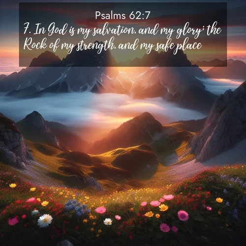 BasicEnglish Psalms  ; image nature: image with the bible verse :In God is my salvation, and my glory; the Rock of my strength, and my safe place. ; Download Bible verse images featuring vibrant photos of nature, from snowy landscapes to golden deserts. These free images are perfect for phone wallpapers, desktop backgrounds, or sharing. Verses include KJV Psalms 62:7. Current verse is overlayed with the thematic nature scene : Jagged peaks pierce through low-hanging clouds at sunrise. Alpine flowers dot the meadow below with splashes of color. ; 62:7