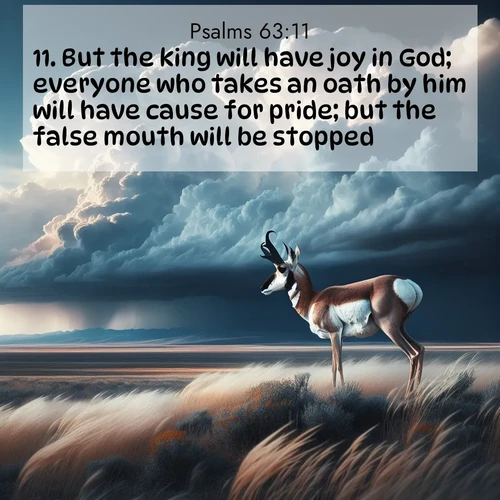 BasicEnglish Psalms  ; image nature: image with the bible verse :But the king will have joy in God; everyone who takes an oath by him will have cause for pride; but the false mouth will be stopped. ; Discover Bible images adorned with spring landscapes, like tulip fields, cherry blossoms, and green hills. These bright scenes symbolize God&#039;s renewal and grace. Download verses like KJV Psalms 63:11. Current verse is overlayed with the thematic nature scene : A pronghorn pauses on wind-swept plains. Storm clouds build dark towers above. ; 63:11