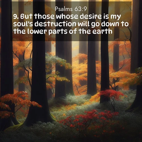 BasicEnglish Psalms  ; image nature: image with the bible verse :But those whose desire is my soul&#039;s destruction will go down to the lower parts of the earth. ; Explore a collection of free Bible verse images paired with serene landscapes like golden beaches, verdant forests, and clear blue skies. Each image is ideal for desktop or phone wallpapers. Share verses like KJV Psalms 63:9. Current verse is overlayed with the thematic nature scene : Autumn rain darkens tree trunks in the forest. ; 63:9