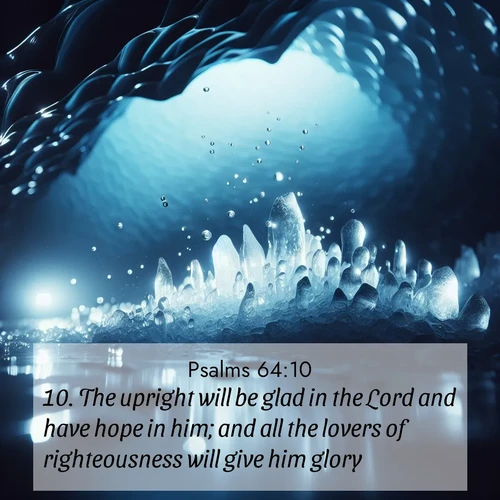 BasicEnglish Psalms  ; image nature: image with the bible verse :The upright will be glad in the Lord and have hope in him; and all the lovers of righteousness will give him glory. ; Discover our curated gallery of Bible verse images with breathtaking scenery, from tranquil deserts to lush green pastures. Perfect for phone wallpapers or sharing online. Download verses like KJV Psalms 64:10. Current verse is overlayed with the thematic nature scene : Ice caves glow with ethereal blue light. Water drops create crystalline music. ; 64:10
