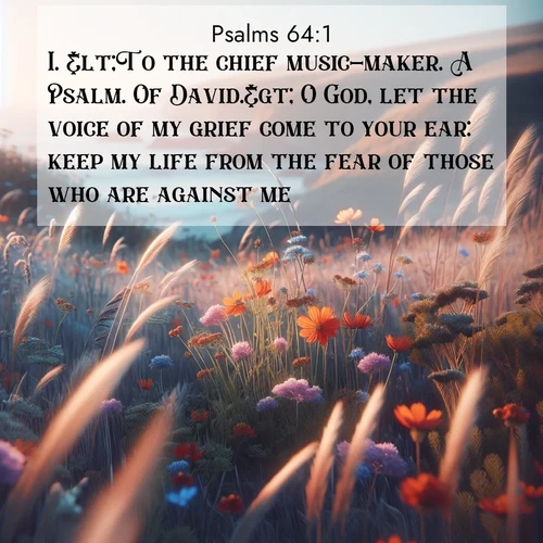 BasicEnglish Psalms  ; image nature: image with the bible verse :&amp;lt;To the chief music-maker. A Psalm. Of David.&amp;gt; O God, let the voice of my grief come to your ear: keep my life from the fear of those who are against me. ; Discover Bible images illustrated by desert landscapes, like sand dunes, majestic rocks, and starry skies. These images symbolize the grandeur and immensity of God&#039;s creation. Download verses like KJV Psalms 64:1. Current verse is overlayed with the thematic nature scene : Summer wildflowers wave in the breeze on coastal bluffs. ; 64:1