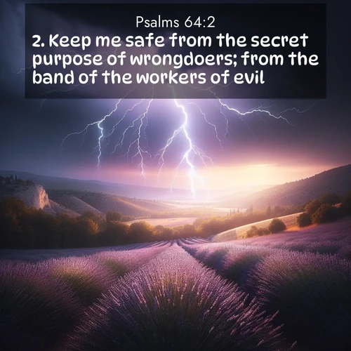 BasicEnglish Psalms  ; image nature: image with the bible verse :Keep me safe from the secret purpose of wrongdoers; from the band of the workers of evil; ; Browse our selection of stunning Bible verse images featuring unique natural scenes like fiery autumn forests, serene meadows, and starlit skies. Download and share verses like KJV Psalms 64:2 for free. Current verse is overlayed with the thematic nature scene : Lightning illuminates a field of lavender in the Provence countryside. Thunder rolls across the valley like distant drums. ; 64:2