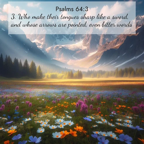 BasicEnglish Psalms  ; image nature: image with the bible verse :Who make their tongues sharp like a sword, and whose arrows are pointed, even bitter words; ; Dive into our collection of Bible verse images combined with sublime nature photos, such as graceful waterfalls, radiant sunsets, and endless meadows. These compositions highlight the peace and harmony of God&#039;s creation with vivid colors and carefully integrated text. Download and share verses like KJV Psalms 64:3. Current verse is overlayed with the thematic nature scene : Spring wildflowers carpet an alpine meadow beneath snow-capped peaks. ; 64:3