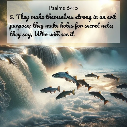 BasicEnglish Psalms  ; image nature: image with the bible verse :They make themselves strong in an evil purpose; they make holes for secret nets; they say, Who will see it, ; Admire our autumnal collection of Bible verse images accompanied by photos of paths lined with red and yellow leaves, fiery forests, and calm rivers. These images inspire reflection and serenity. Share verses like KJV Psalms 64:5. Current verse is overlayed with the thematic nature scene : Wild salmon leap ancient waterfalls. Mist rises like spirits in morning light. ; 64:5