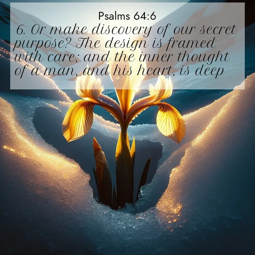 BasicEnglish Psalms  ; image nature: image with the bible verse :Or make discovery of our secret purpose? The design is framed with care; and the inner thought of a man, and his heart, is deep. ; Dive into our collection of Bible verses paired with coastal scenes, featuring calming waves, infinite beaches, and reflections of the sun on the water. These images evoke the peace and beauty of God. Share verses like KJV Psalms 64:6. Current verse is overlayed with the thematic nature scene : Wild iris breaks through melting snow. Alpine light ignites its petals. ; 64:6