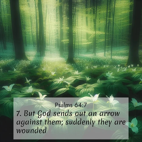 BasicEnglish Psalms  ; image nature: image with the bible verse :But God sends out an arrow against them; suddenly they are wounded. ; Explore a rich collection of Bible verse images beautifully illustrated by natural landscapes, such as colorful skies, towering mountains, and tranquil rivers. The images highlight the serenity of God&#039;s creation with vivid tones and carefully chosen typography. Download and share inspiring verses like KJV Psalms 64:7. Current verse is overlayed with the thematic nature scene : Wild trillium dots the forest floor. Green light filters through spring leaves. ; 64:7