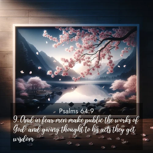 BasicEnglish Psalms  ; image nature: image with the bible verse :And in fear men make public the works of God; and giving thought to his acts they get wisdom. ; Download high-resolution Bible verse images showcasing the beauty of God&#039;s creation—from radiant sunsets to tranquil rivers. Free for use as wallpapers or sharing verses like KJV Psalms 64:9. Current verse is overlayed with the thematic nature scene : Cherry blossoms swirl in a spring breeze. Their petals dust the surface of a still mountain pond. ; 64:9