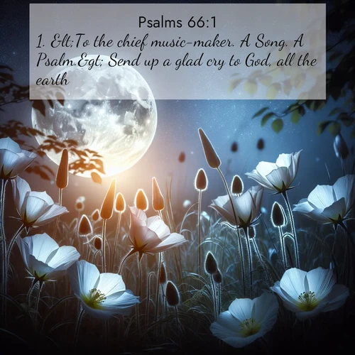BasicEnglish Psalms  ; image nature: image with the bible verse :&amp;lt;To the chief music-maker. A Song. A Psalm.&amp;gt; Send up a glad cry to God, all the earth: ; Dive into our collection of Bible verses paired with breathtaking desert landscapes, featuring infinite dunes, shaded oases, and desert sunsets. These images highlight the majestic grandeur of God&#039;s creation. Download and share verses like KJV Psalms 66:1. Current verse is overlayed with the thematic nature scene : Moonflowers open to the rising full moon. Night insects hum in harmony. ; 66:1