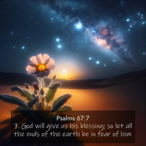 BasicEnglish Psalms  ; image nature: image with the bible verse :God will give us his blessing; so let all the ends of the earth be in fear of him. ; Explore a unique collection of Bible verses illustrated by winter landscapes, such as snowy mountains, frosty forests, and starry skies. These images capture the peace and beauty of winter. Share verses like KJV Psalms 67:7. Current verse is overlayed with the thematic nature scene : Desert primrose opens to stars. Night wind carries sweet perfume. ; 67:7