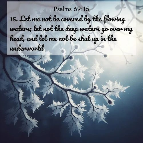 BasicEnglish Psalms  ; image nature: image with the bible verse :Let me not be covered by the flowing waters; let not the deep waters go over my head, and let me not be shut up in the underworld. ; Explore Bible verse images beautifully illustrated with spring scenes, such as blooming meadows, trees in full bloom, and tranquil streams. These landscapes convey divine hope and vitality. Download and share verses like KJV Psalms 69:15. Current verse is overlayed with the thematic nature scene : Winter frost coats bare branches in delicate crystal. ; 69:15