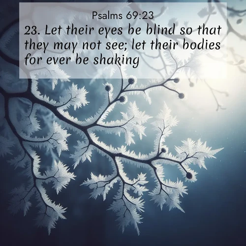 BasicEnglish Psalms  ; image nature: image with the bible verse :Let their eyes be blind so that they may not see; let their bodies for ever be shaking. ; Download Bible verse images paired with breathtaking nature photos like golden deserts, shimmering seas, and blossoming orchards. These high-quality, free images are perfect for wallpapers or sharing. Verses include KJV Psalms 69:23. Current verse is overlayed with the thematic nature scene : Winter frost coats bare branches in delicate crystal. ; 69:23