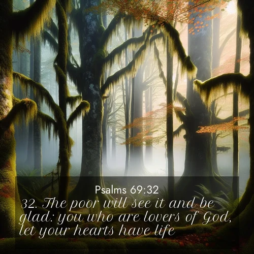 BasicEnglish Psalms  ; image nature: image with the bible verse :The poor will see it and be glad: you who are lovers of God, let your hearts have life. ; Browse Bible images illustrated by desert landscapes, with endless skies, golden dunes, and isolated palm trees. These images evoke the calm and grandeur of God&#039;s creation. Download inspiring verses like KJV Psalms 69:32. Current verse is overlayed with the thematic nature scene : Autumn fog shrouds an old-growth forest draped in moss and lichen. ; 69:32