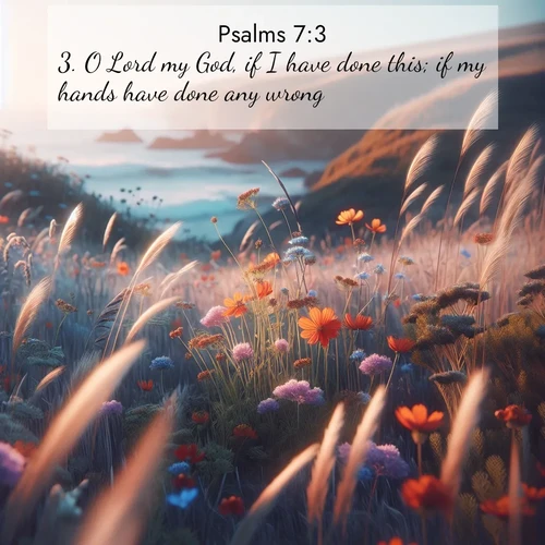 BasicEnglish Psalms  ; image nature: image with the bible verse :O Lord my God, if I have done this; if my hands have done any wrong; ; Explore a spring collection of Bible images, with landscapes of green hills, wildflowers, and crystal-clear streams. These images symbolize the blossoming of God&#039;s creation. Download verses like KJV Psalms 7:3. Current verse is overlayed with the thematic nature scene : Summer wildflowers wave in the breeze on coastal bluffs. ; 7:3