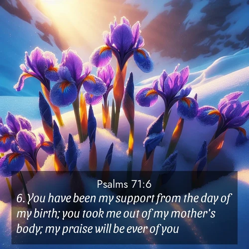 BBE Psalms 71:6 overlaying nature image scene: Wild iris blooms pierce through melting snow. Alpine sunlight ignites their petals.;6. You have been my support from the day of my birth; you took me out of my mother's body; my praise will be ever of you.