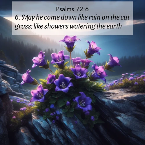 BasicEnglish Psalms  ; image nature: image with the bible verse :May he come down like rain on the cut grass; like showers watering the earth. ; Admire Bible verse images illustrated by desert scenes, such as sunsets over dunes, majestic rocks, and solitary cacti. These images capture the majesty of God in arid places. Download and share verses like KJV Psalms 72:6. Current verse is overlayed with the thematic nature scene : Wild gentians bloom in rocky cracks. Summer storms gather above treeline. ; 72:6