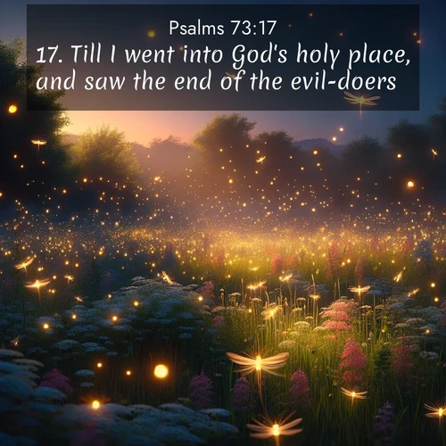BasicEnglish Psalms  ; image nature: image with the bible verse :Till I went into God&#039;s holy place, and saw the end of the evil-doers. ; Admire Bible images evoking autumn, with warm colors of fallen leaves, harvested fields, and tranquil woods. These inspiring landscapes reflect the transition and beauty of God&#039;s creation. Download verses like KJV Psalms 73:17. Current verse is overlayed with the thematic nature scene : Fireflies dance above a spring meadow filled with singing crickets. ; 73:17