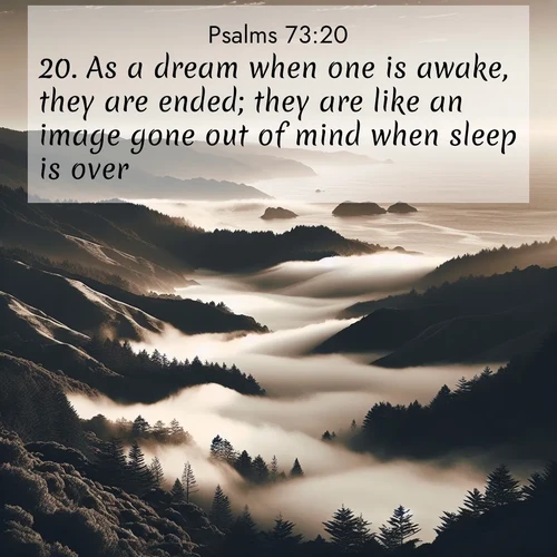BasicEnglish Psalms  ; image nature: image with the bible verse :As a dream when one is awake, they are ended; they are like an image gone out of mind when sleep is over. ; Download inspiring Bible verse images featuring stunning natural vistas, from tropical islands to rolling hills. These free images make perfect wallpapers or gifts. Share verses like KJV Psalms 73:20. Current verse is overlayed with the thematic nature scene : Coastal fog rolls inland through gaps in seaside hills. ; 73:20