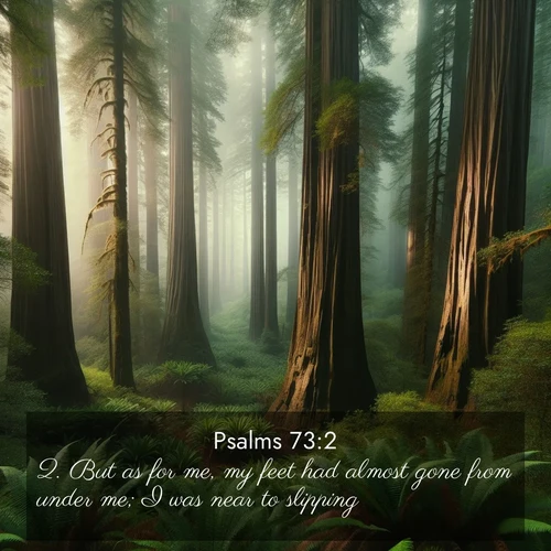 BasicEnglish Psalms  ; image nature: image with the bible verse :But as for me, my feet had almost gone from under me; I was near to slipping; ; Browse a gallery of Bible verses paired with summer scenes, such as golden wheat fields, bright skies, and sunny beaches. These images convey the joy and warmth of God&#039;s creation. Download and share verses like KJV Psalms 73:2. Current verse is overlayed with the thematic nature scene : Coastal redwoods disappear into the fog high above a fern grove. ; 73:2