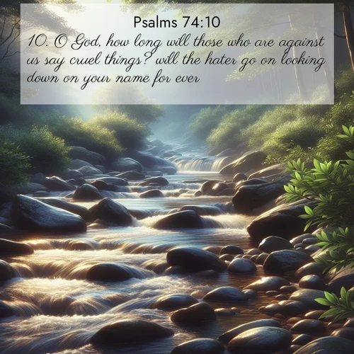 BasicEnglish Psalms  ; image nature: image with the bible verse :O God, how long will those who are against us say cruel things? will the hater go on looking down on your name for ever? ; Explore beautiful Bible verse images paired with serene natural settings, such as calm seas, snowy paths, and verdant hills. Each image is free to download for your spiritual inspiration. Share KJV Psalms 74:10. Current verse is overlayed with the thematic nature scene : A mountain stream tumbles over smooth rocks between banks of mountain laurel. ; 74:10