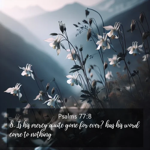 BasicEnglish Psalms  ; image nature: image with the bible verse :Is his mercy quite gone for ever? has his word come to nothing? ; Browse our library of beautiful Bible verse images, perfect for wallpapers or sharing. Each verse is paired with serene natural landscapes like misty mountains, calming beaches, and colorful sunsets. Download and enjoy verses such as KJV Psalms 77:8. Current verse is overlayed with the thematic nature scene : Wild columbines dance in breeze. Mountain air carries their perfume. ; 77:8