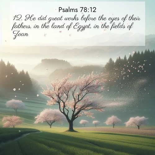 BasicEnglish Psalms  ; image nature: image with the bible verse :He did great works before the eyes of their fathers, in the land of Egypt, in the fields of Zoan. ; Admire Bible verse images capturing the beauty of beaches, with turquoise waters, palm trees, and peaceful shores. These soothing scenes reflect God&#039;s serenity and majesty. Download and share verses like KJV Psalms 78:12. Current verse is overlayed with the thematic nature scene : Spring winds scatter cherry blossoms like snow. ; 78:12