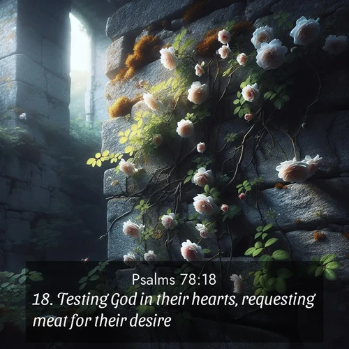BasicEnglish Psalms  ; image nature: image with the bible verse :Testing God in their hearts, requesting meat for their desire. ; Explore Bible verse images highlighting the beauty of spring, with vibrant flowers, butterflies, and blossoming fruit trees. These scenes evoke divine hope and renewal. Download inspiring verses like KJV Psalms 78:18. Current verse is overlayed with the thematic nature scene : Wild roses climb abandoned stone walls. Time stands still in the secret garden. ; 78:18