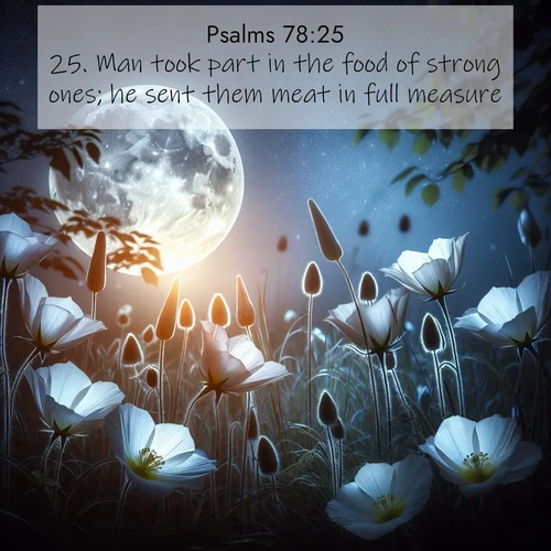BasicEnglish Psalms  ; image nature: image with the bible verse :Man took part in the food of strong ones; he sent them meat in full measure. ; Download stunning Bible verse images paired with nature scenes like rolling clouds, sparkling waters, and vibrant flower fields. These free images are perfect for spiritual reflection or wallpaper use. Share KJV Psalms 78:25. Current verse is overlayed with the thematic nature scene : Moonflowers open to the rising full moon. Night insects hum in harmony. ; 78:25