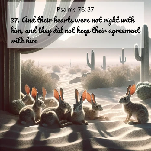 BasicEnglish Psalms  ; image nature: image with the bible verse :And their hearts were not right with him, and they did not keep their agreement with him. ; Admire our gallery of Bible verse images paired with serene nature photography, featuring starlit skies, golden sands, and blooming wildflowers. Download and share verses like KJV Psalms 78:37. Current verse is overlayed with the thematic nature scene : Desert jackrabbits rest in cactus shade. Heat waves distort distant peaks. ; 78:37
